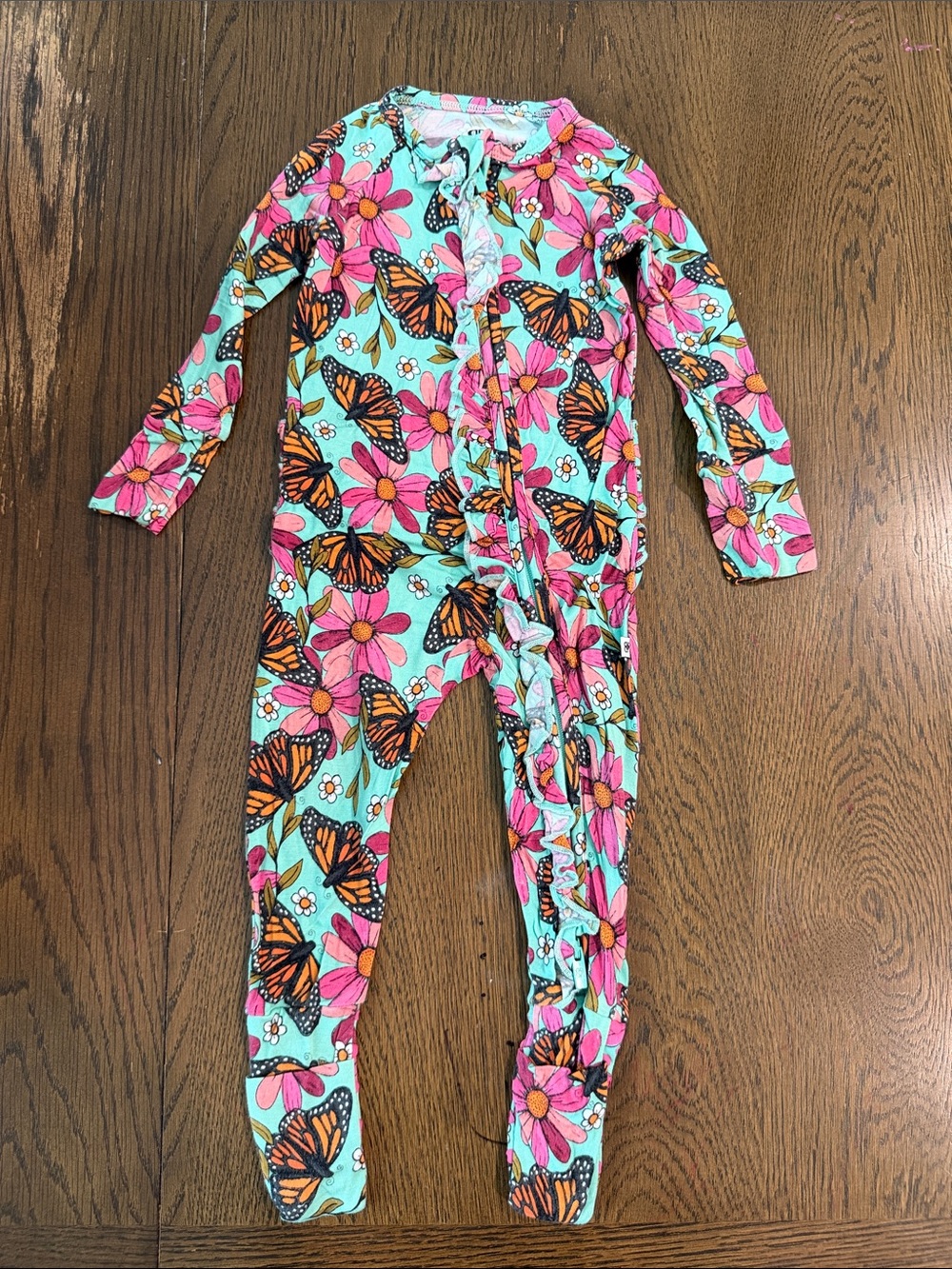 Bums and Roses Bamboo- Mint Butterfly & Pink Floral Footed One-Piece Pajamas